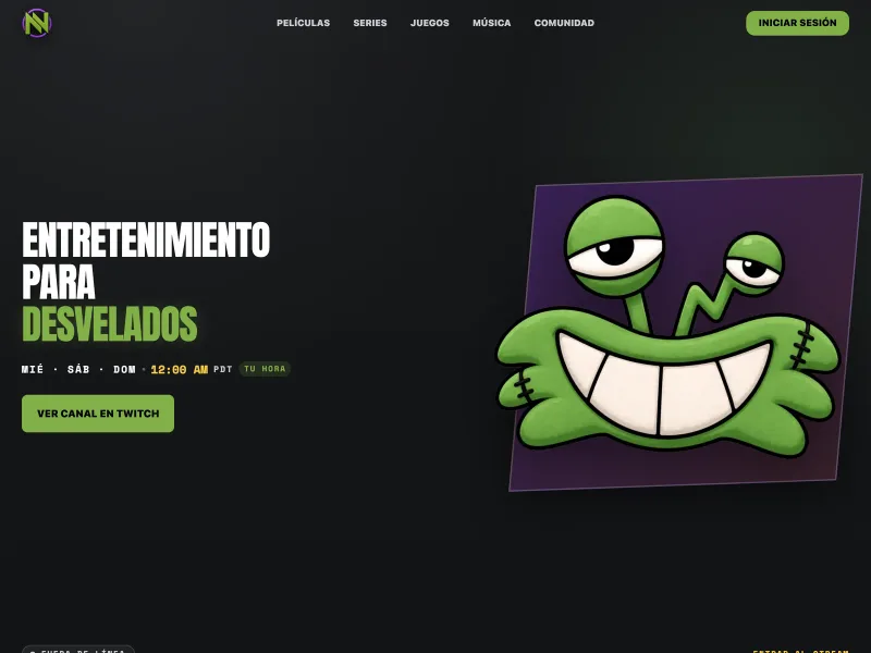 NoWildo website with a late-night entertainment headline and green illustrated mascot