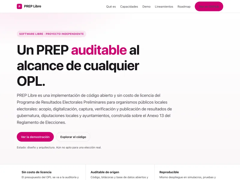 PREP Libre website introducing its open-source preliminary election results system